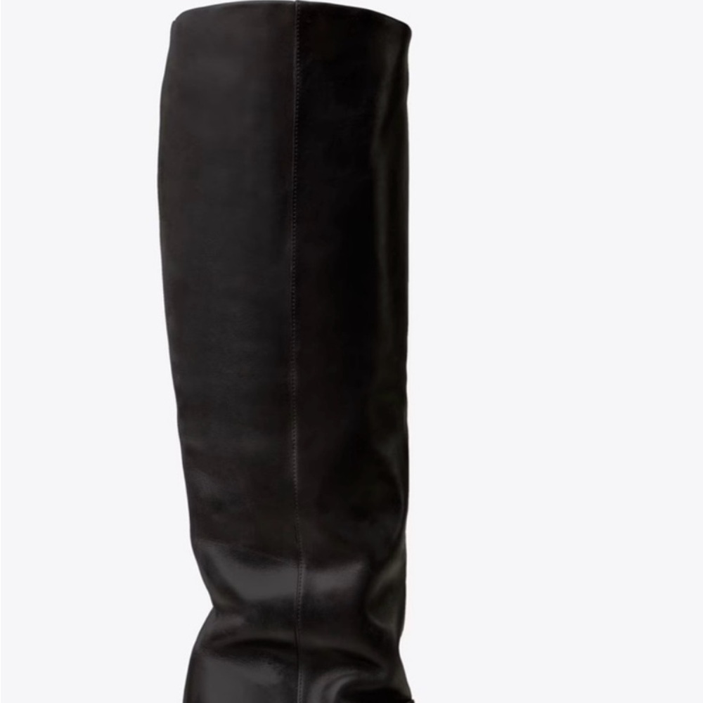 Tory Burch Black Leather Knee-High Heeled Boots with Gold Toe Trim - Picture 4 of 10